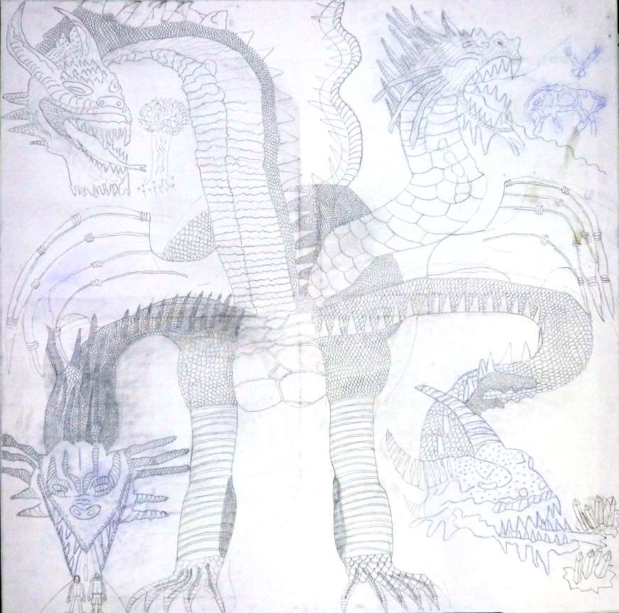 Le dragon à quatre têtes dessin au crayon avec cal